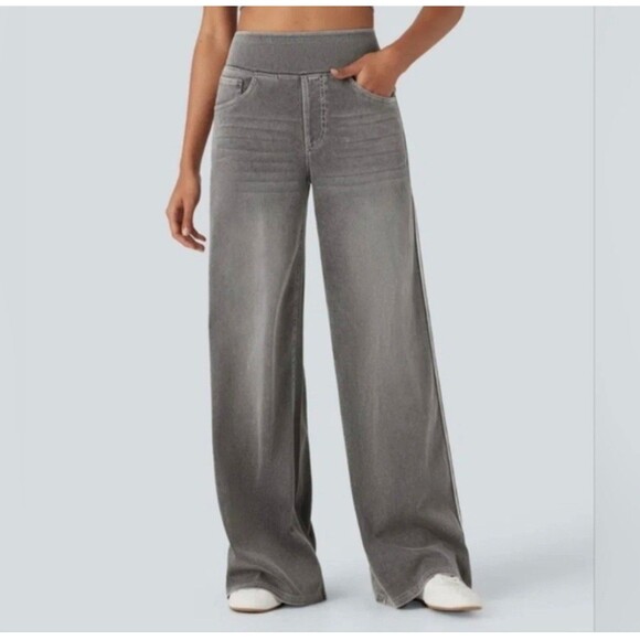 NWOT Halara L Grey Flex Women High Waisted Stripe Wide Leg Flowy Jeans - Picture 3 of 6